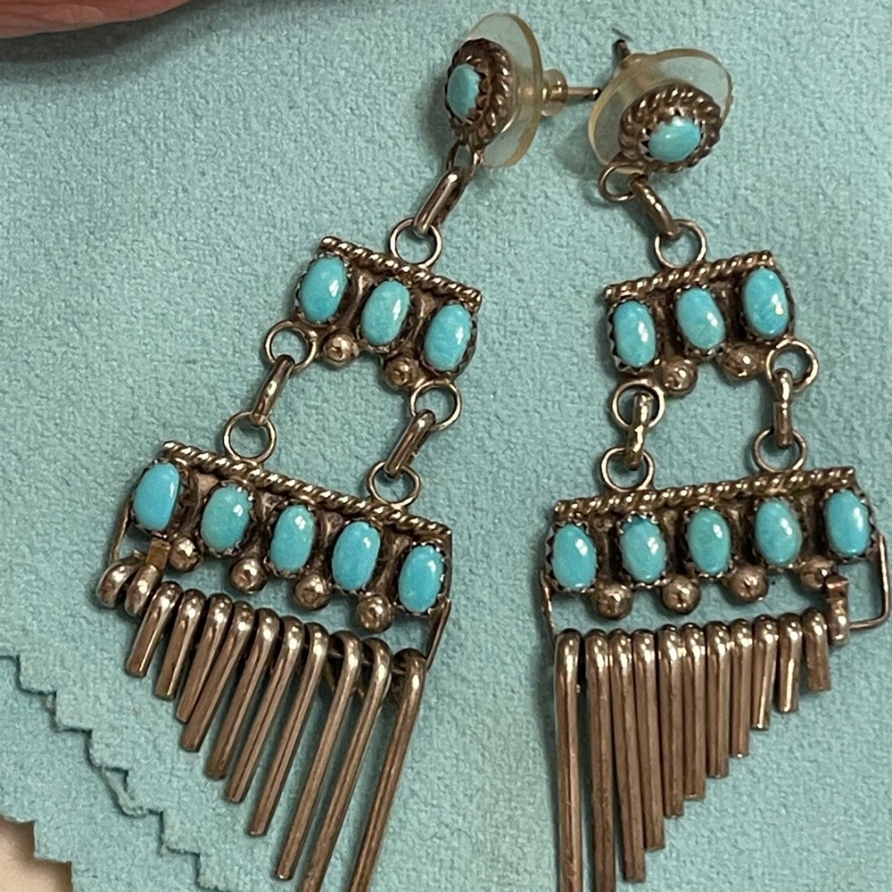 Signed Zuni Turquoise & Sterling Silver Earrings